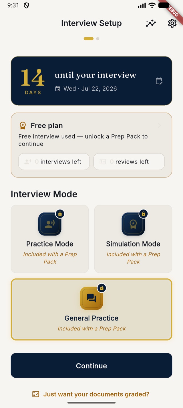 Mabuhay Consul app home screen showing '14 days until your interview' and interview modes