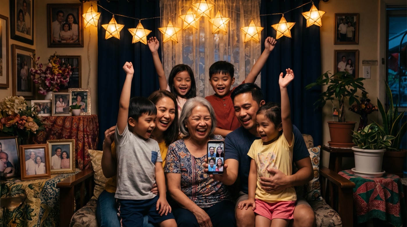 A multi-generation Filipino family at home cheering around a video call, under a string of glowing parol star lanterns